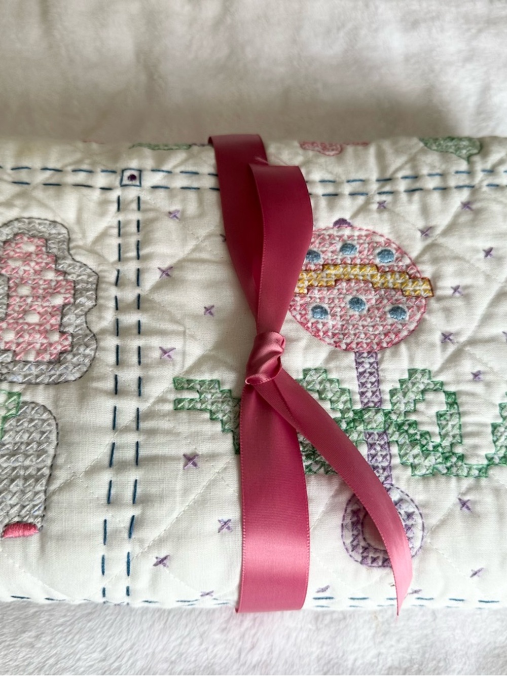 Bucilla Pink Ribbon White Quilted Kids Embroidered Panel